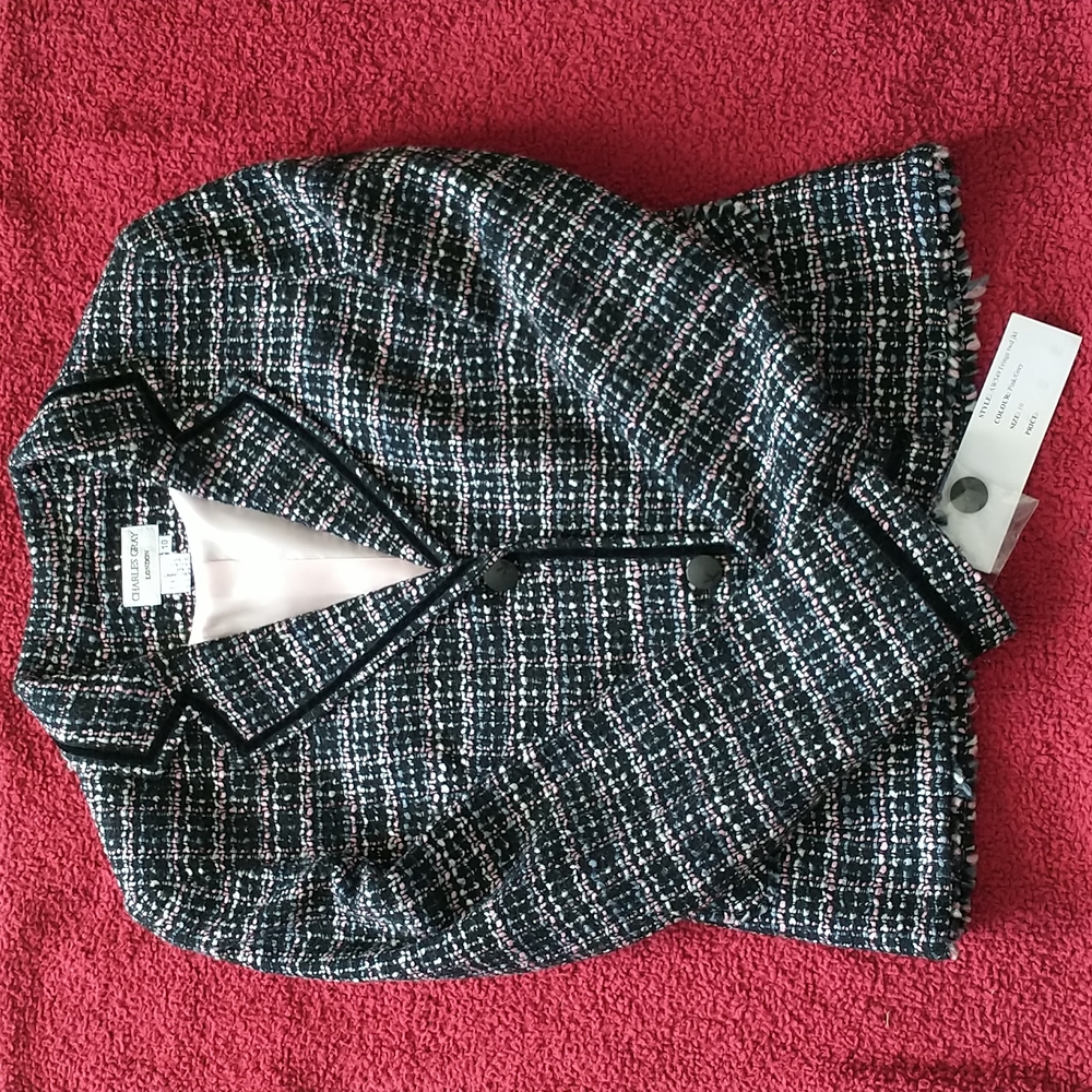 NWT! Charles Gray London Tweed Jacket, size 10, black and pink
